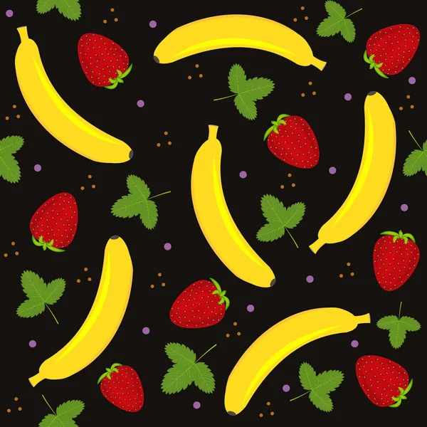 Fruchtmuster Mit Dem Bild Einer Banane Erdbeere Und Erdbeerblättern Vektor — Stockvektor