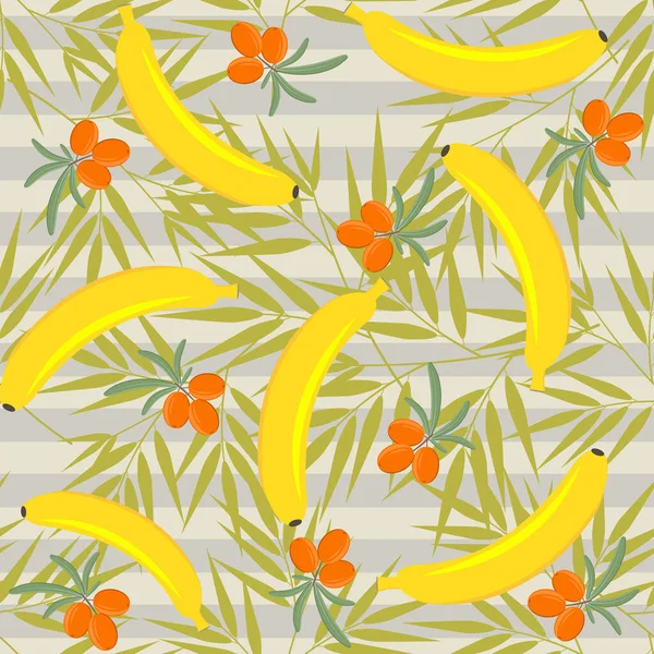 バナナ シーバソーン ヤシの葉 ベクトル ベージュのストライプの背景のイメージとフルーツパターン テクスチャ プリント デザイン — ストックベクタ