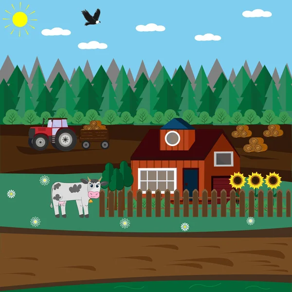 Barevné Ilustrace Farma Obci Dům Krávou Traktor Sklizně Podzim Design — Stockový vektor