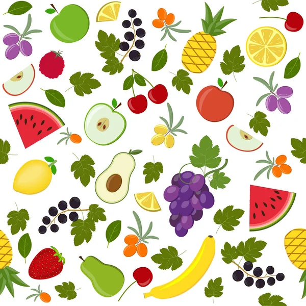 Modello Frutta Bacche Foglie Sfondo Bianco Vettoriale Colore Illustrazione Tessile — Vettoriale Stock