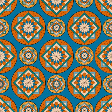 Mavi ve turuncudan oluşan parlak geometrik desen, vektör çizimi, dekorasyon, ambalaj, tekstil