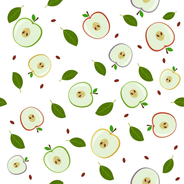 Patrón Fruta Manzanas Multicolores Una Sección Hojas Ilustración Vectores Color — Vector de stock