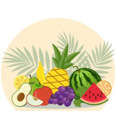 Arkaplanda tropikal yapraklardan oluşan bir meyve seti ve güneş, renk vektörü illüstrasyonu, tasarım, kırpma, tasarım, baskı, pankart