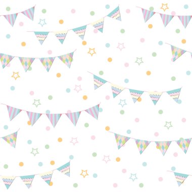 Beyaz arka planda ek dekoratif elementlerle birlikte üçgen şekilli çok renkli çelenk deseni, vektör illüstrasyonu