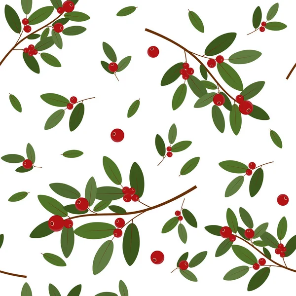 白い背景の葉を持つ枝に赤いクランベリーのパターン カラーベクトルイラスト テクスチャ デザイン — ストックベクタ