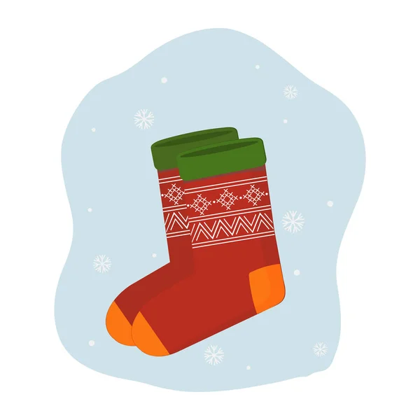 Warme Socken Mit Rotem Ornament Auf Einem Hintergrund Von Schneeflocken — Stockvektor