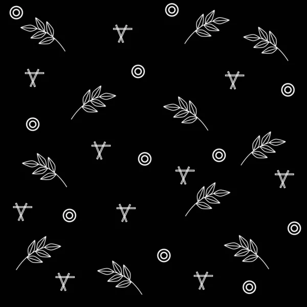 Sömlös Blommönster Med Dekorativa Element Vit Kontur Svart Bakgrund — Stock vektor