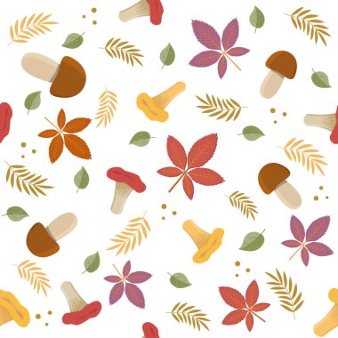 Beyaz arkaplanda mantar ve sonbahar yaprakları deseni, renk vektörü illüstrasyonu, baskı, doku, tekstil, tasarım, dekorasyon, arkaplan