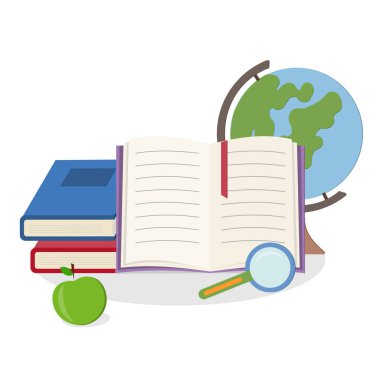 Eðitim ve eðitim temasý, kitaplar, beyaz zemin üzerindeki dünya, düz biçim, clipart, tasarım, dekorasyon, simge, işaret, taslak, sancak