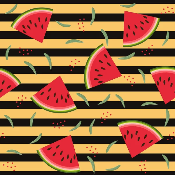 Fruchtmuster Mit Wassermelone Und Blättern Vektorillustration Auf Schwarzem Hintergrund Mit — Stockvektor