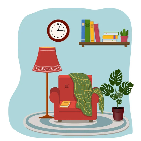 Accueil Intérieur Une Chaise Rouge Avec Une Couverture Lampadaire Horloge — Image vectorielle