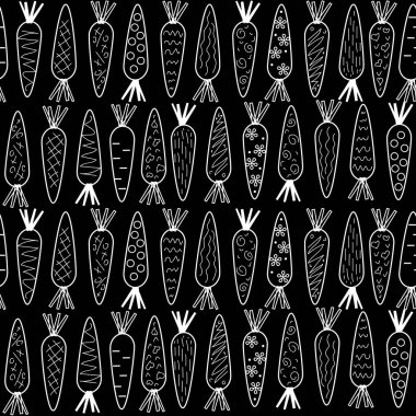 Doodle tarzında havuç deseni, beyaz anahat siyah arkaplan, renk vektörü illüstrasyonu, baskı, doku, tekstil, tasarım, dekorasyon, arkaplan, duvar kağıdı