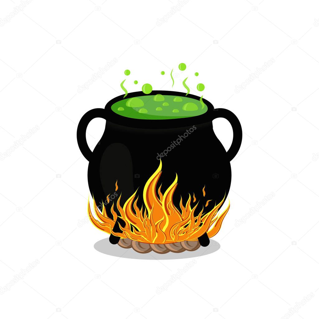 Black pot on fire, color vector illustration isolated on a white background, clipart, design, decoration, icon, sign, sketch, banner, logo