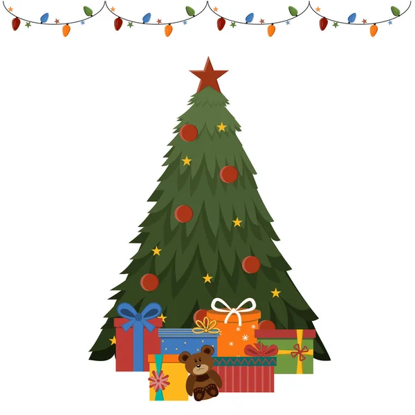 Kerstboom Met Geschenken Slinger Geïsoleerd Een Witte Achtergrond Kleur Vector — Stockvector