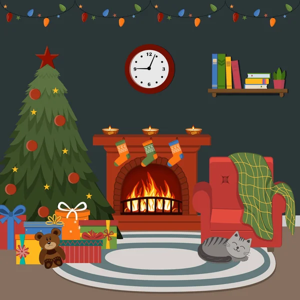 Noel Gecesi Mekanı Yanan Şömine Noel Ağacı Çelenk Renk Vektörü — Stok Vektör