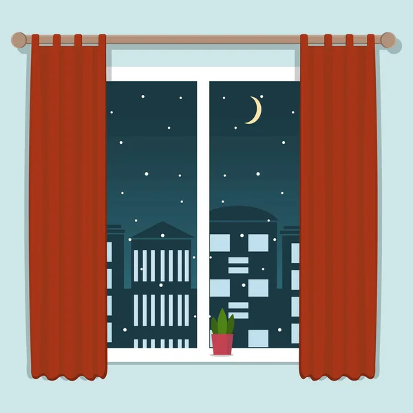 Nacht Stadtblick Aus Dem Fenster Flachen Stil Isoliert Auf Weißem — Stockvektor