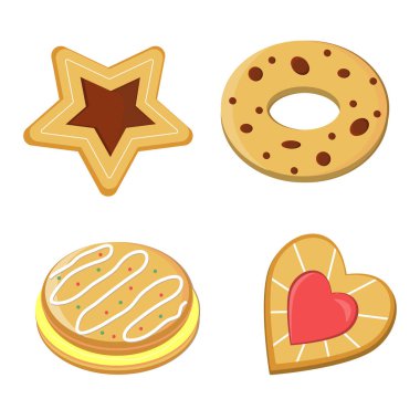 Beyaz arkaplanda izole edilmiş tatil kurabiyeleri, düz stil, kırpma, tasarım, dekorasyon renk vektör illüstrasyonu