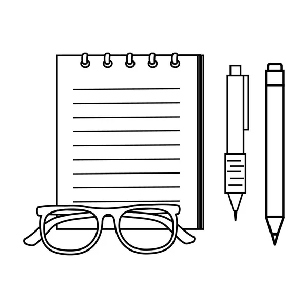 Icono Del Bloc Notas Con Gafas Bolígrafo Lápiz Contorno Negro — Vector de stock