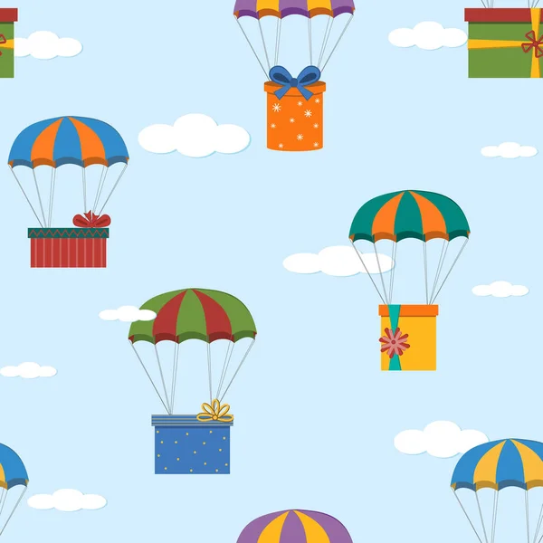 Patrón Regalos Multicolores Paracaídas Fondo Del Cielo Las Nubes Ilustración — Vector de stock