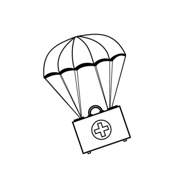 Paraşütle uçan ilk yardım çantası, siyah çizgili çizim, izole vektör illüstrasyonu, simge, clipart, tasarım, dekorasyon