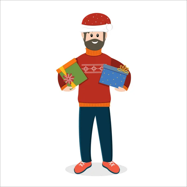 스웨터를 크리스마스 모자를 선물을 산타클로스의 크리스마스 배경에 현수막 디자인에 — 스톡 벡터