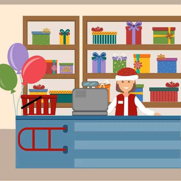 Hediyelik eşya dükkanındaki kasada Noel Baba şapkalı kadın. Düz stil, afiş, poster, tasarım, dekorasyon gibi renk vektör çizimleri.