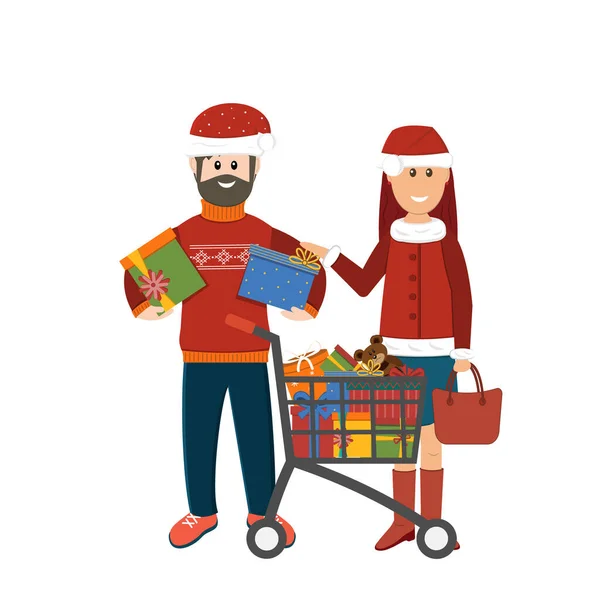 Man Woman Winter Clothes Santa Hats Shopping Gifts Color Vector — Stock Vector