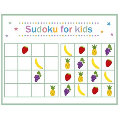 Çocukların gelişimi için meyve ve böğürtlen içeren sudoku bulmaca oyunu, düz stil, eğitim, eğlence, tasarım, dekorasyon renk vektörü illüstrasyonu