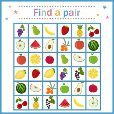Matematik bulmacası, çocukların gelişimi için meyve ve dut bulmacası, düz stil, eğitim, eğlence, tasarım, dekorasyon, renk vektör ilüstrasyonunda benzer bir çift nesne bulun