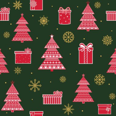 Süslü bir Noel ağacı deseni ve yeşil arka planda kırmızı kar taneleri, düz stil, baskı, doku, tekstil, tasarım, dekorasyon, arkaplan, duvar kağıdı gibi vektör ilülasyonu