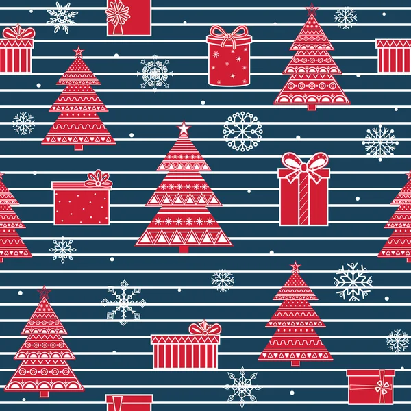 青い縞模様の背景に飾りのある赤いクリスマスツリーのパターン カラーベクトルイラスト プリント テクスチャ テキスタイル デザイン — ストックベクタ