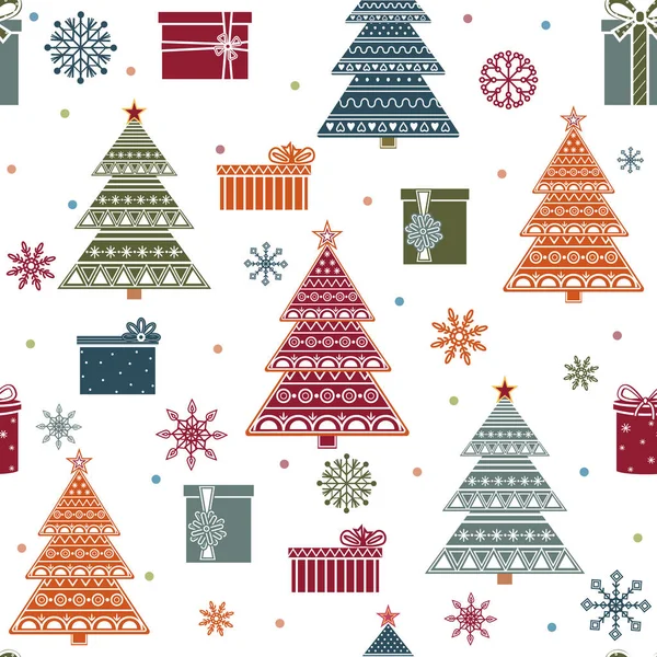 Pattern Multi Colored Christmas Trees Ornaments Gifts Snowflakes Color Vector — Stock Vector