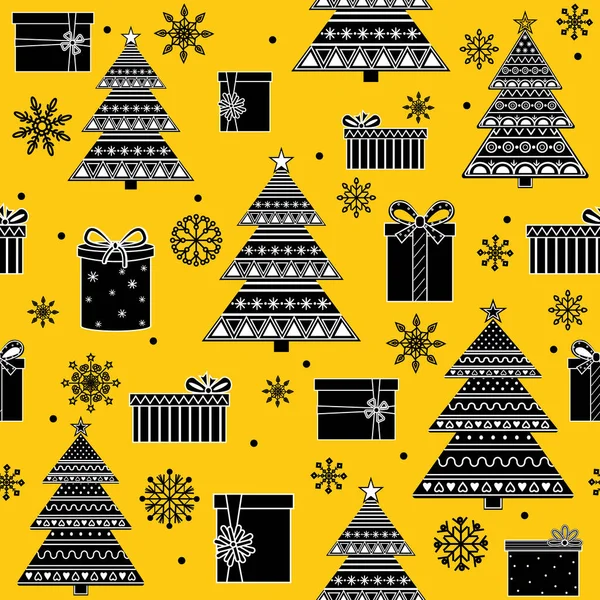 黄色の背景に黒い輪郭を持つクリスマスツリー ギフトや雪の結晶とクリスマスパターン ベクトルイラスト テクスチャ テキスタイル デザイン — ストックベクタ