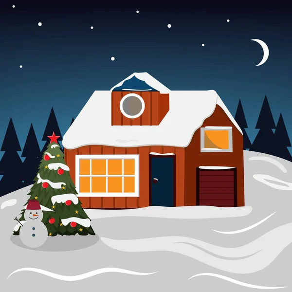 Winterhaus Mit Weihnachtsnacht Mit Weihnachtsbaum Und Schneemann Farbvektorillustration Flachen Stil — Stockvektor