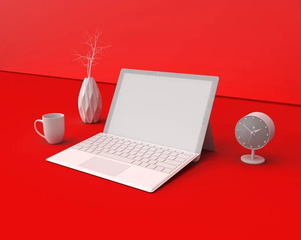 Laptop Rendering Mit Schreibtisch Auf Blauem Hintergrund Illustration lizenzfreie Stockbilder