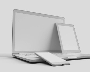 3D Hazırlama Laptop, tablet ve cep telefonu beyaz izole arkaplanda. Minimum dijital nesne modeli. 3B illüstrasyon
