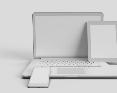3D Hazırlama Laptop, tablet ve cep telefonu beyaz izole arkaplanda. Minimum dijital nesne modeli. 3B illüstrasyon