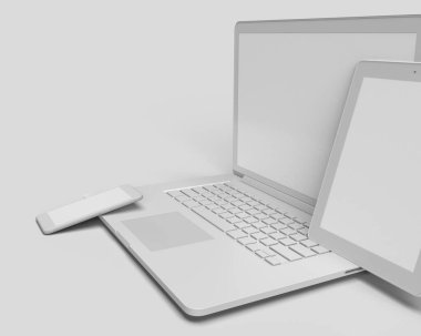 3D Hazırlama Laptop, tablet ve cep telefonu beyaz izole arkaplanda. Minimum dijital nesne modeli. 3B illüstrasyon