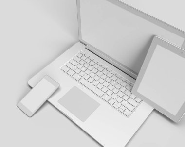 3D Hazırlama Laptop, tablet ve cep telefonu beyaz izole arkaplanda. Minimum dijital nesne modeli. 3B illüstrasyon