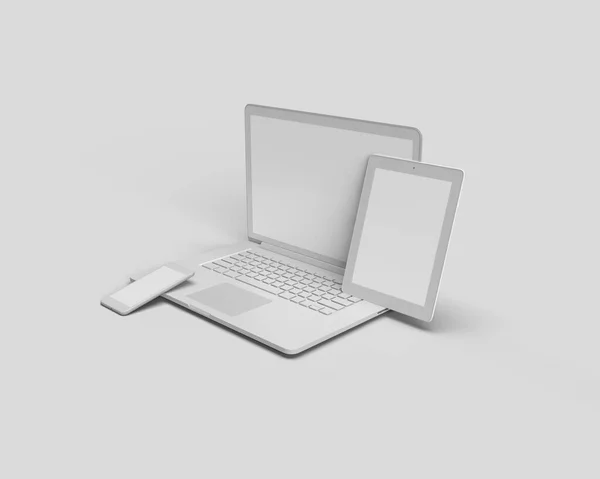 Rendering Laptop Tablet Και Κινητό Τηλέφωνο Λευκό Απομονωμένο Φόντο Ελάχιστο — Φωτογραφία Αρχείου