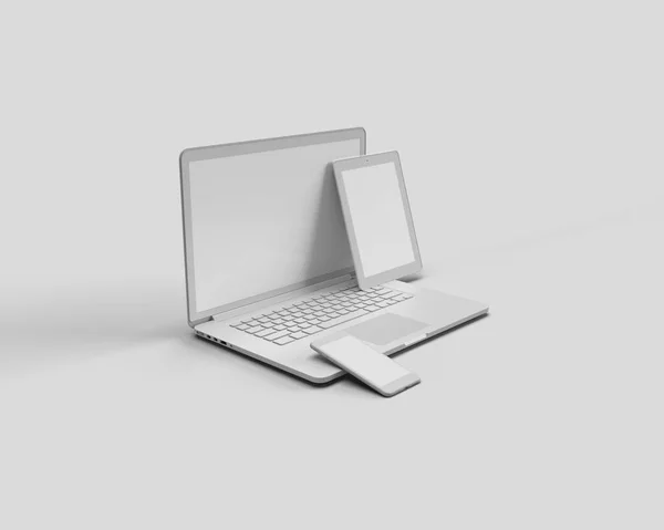 Rendering Laptop Surfplatta Och Mobiltelefon Vit Isolerad Bakgrund Minimalt Digitalt — Stockfoto