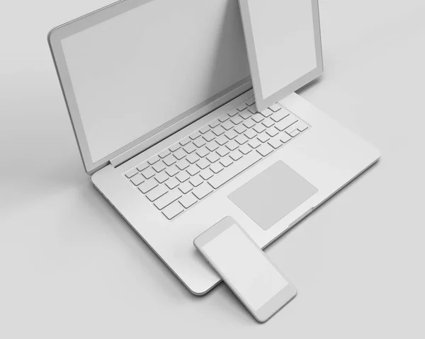 Rendering Laptop Tablet Telefone Celular Fundo Isolado Branco Mockup Objeto — Fotografia de Stock