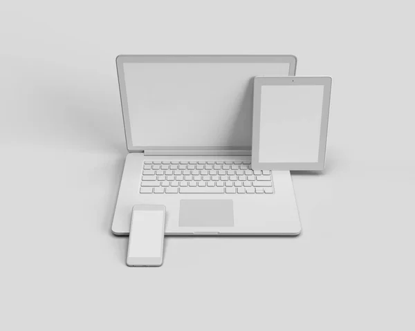 Rendering Laptop Tablet Telefone Celular Fundo Isolado Branco Mockup Objeto Imagem De Stock