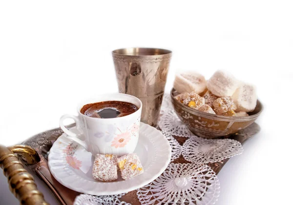 Ramadan Kareem Concept Turkish Coffee Turkish Delight White Background Стокове Фото