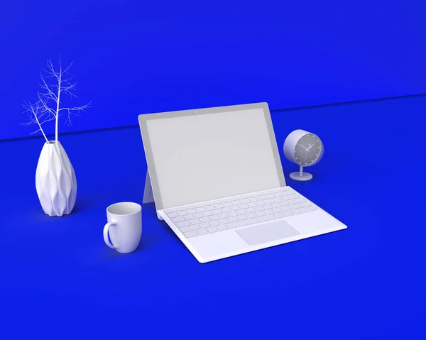 Laptop Rendering Mit Schreibtisch Auf Blauem Hintergrund Illustration — Stockfoto