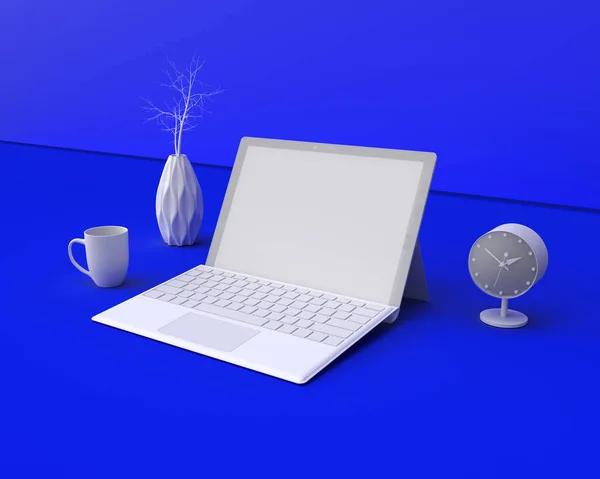 Laptop Rendering Mit Schreibtisch Auf Blauem Hintergrund Illustration lizenzfreie Stockfotos