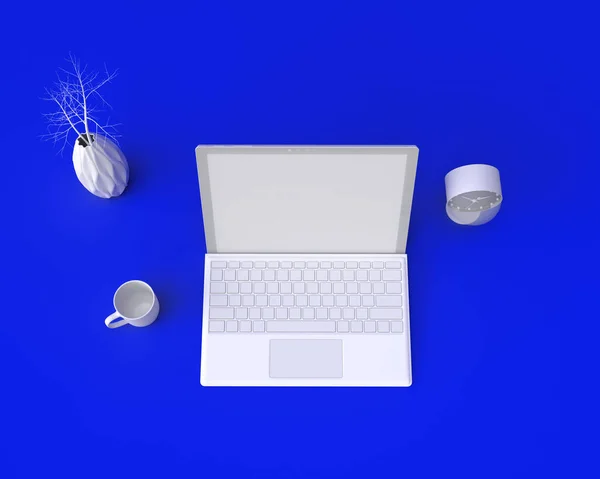 Laptop Rendering Mit Schreibtisch Auf Blauem Hintergrund Illustration lizenzfreie Stockbilder