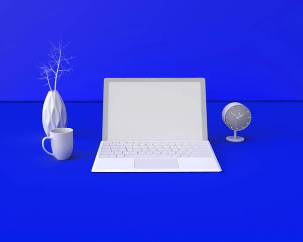 Laptop Rendering Mit Schreibtisch Auf Blauem Hintergrund Illustration Stockbild