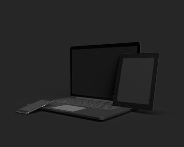 3D Hazırlama Laptop, tablet ve cep telefonu siyah izole arkaplanda. Dijital konsept modeli, 3 boyutlu illüstrasyon