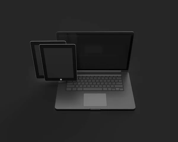 Laptop Tablet Rendering Black Isolated Background Illustration — Stock Photo, Image